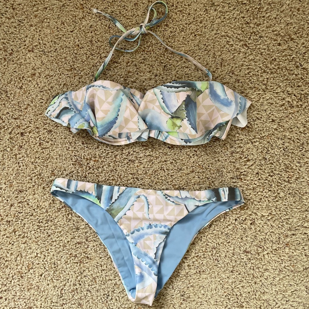 Mara Hoffman Women's Ruffle Bandeau Sm Bikini Top and M Bottom- Aloe Pink, new